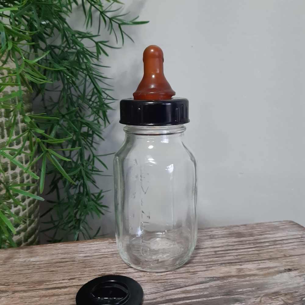 Vintage Evenflo Glass Baby Bottle with Brown Silicone Nipple - For decor only